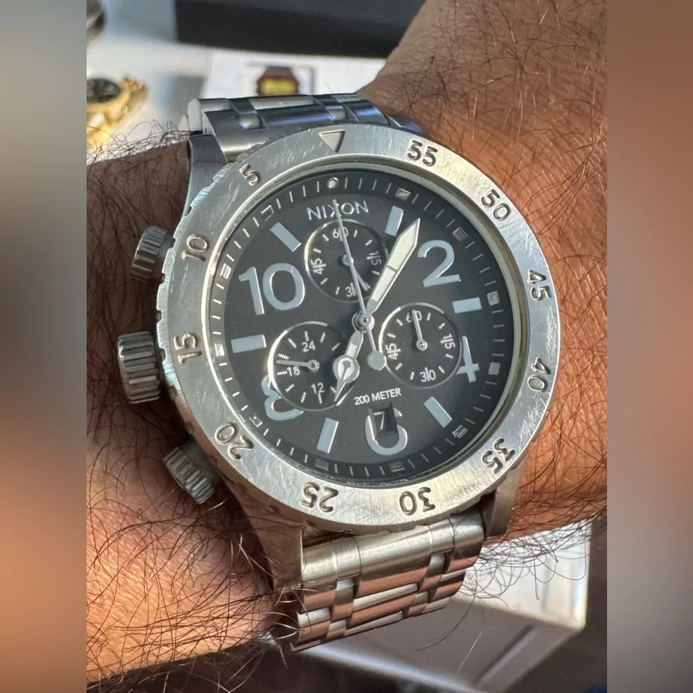 Nixon Men's Silver Stainless Steel Chronograph Watch with Black Dial